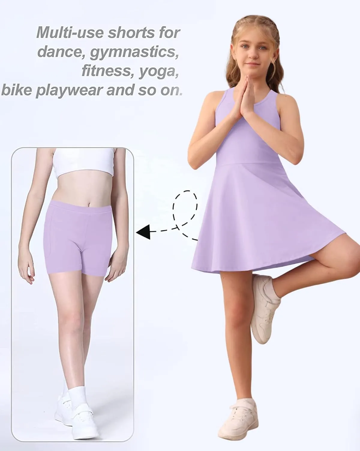Haloumoning Girls Sleeveless Tennis Dress Kids Racerback Golf Dress School Sports Dresses Outfit with Shorts Pockets