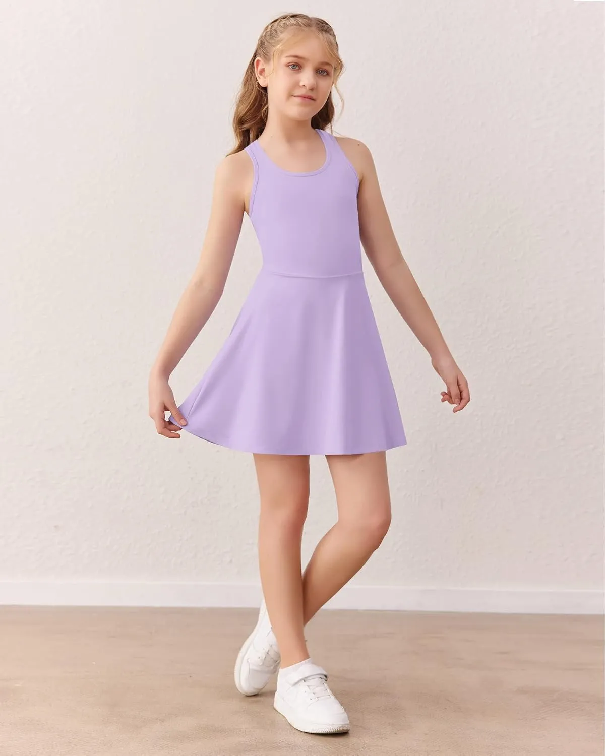 Haloumoning Girls Sleeveless Tennis Dress Kids Racerback Golf Dress School Sports Dresses Outfit with Shorts Pockets