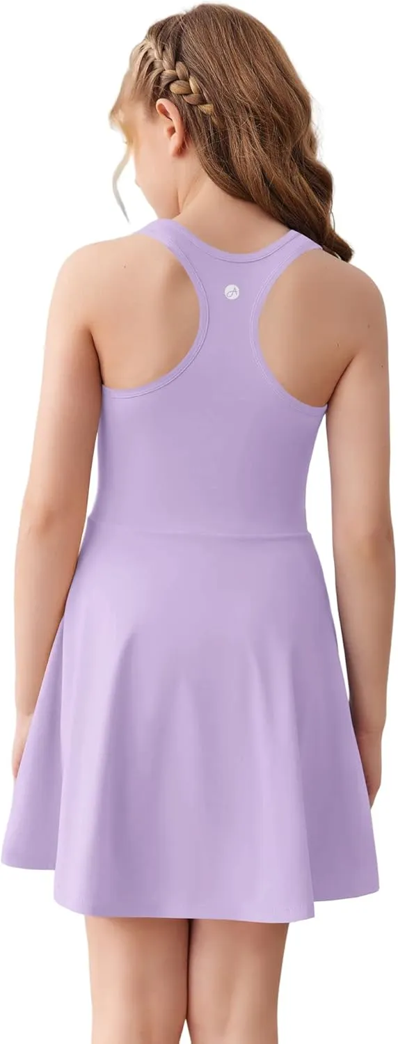 Haloumoning Girls Sleeveless Tennis Dress Kids Racerback Golf Dress School Sports Dresses Outfit with Shorts Pockets
