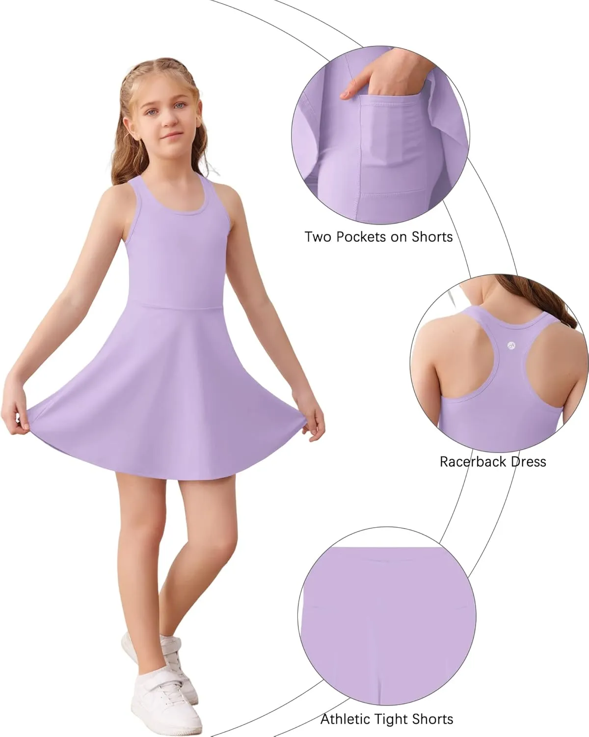 Haloumoning Girls Sleeveless Tennis Dress Kids Racerback Golf Dress School Sports Dresses Outfit with Shorts Pockets