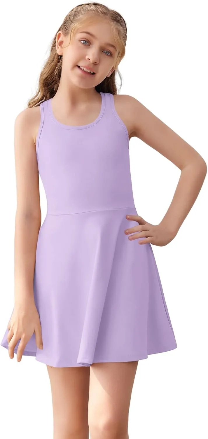 Haloumoning Girls Sleeveless Tennis Dress Kids Racerback Golf Dress School Sports Dresses Outfit with Shorts Pockets