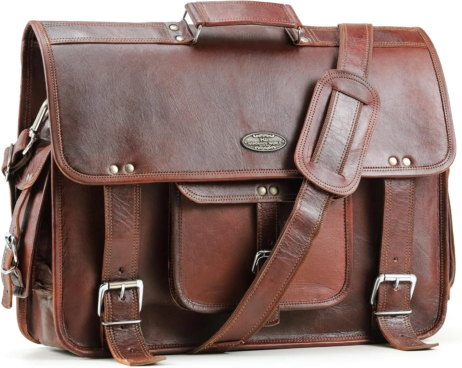 Handmade World Leather Laptop Messenger Bag For Men Women 'Executive Elegance' Fits 18 Inch Computer Satchel Briefcase For Work Office (Brown, 18 Inches)