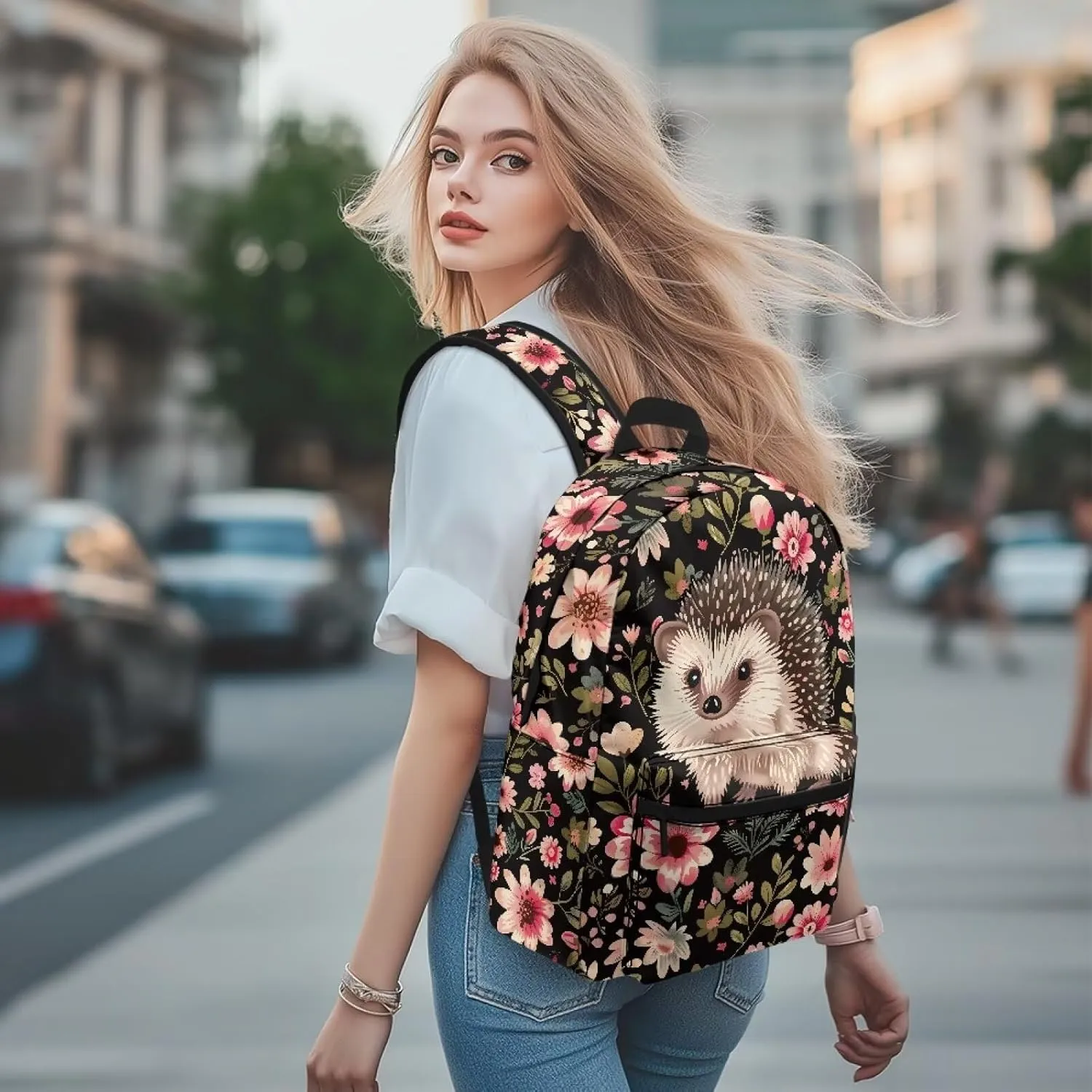 Hedgehog Flower Stylish Commuter Backpack for Mens Trendy Zippered Daypack Purse with Adjustable Strap Computer Backpack Casual Travel Daypack