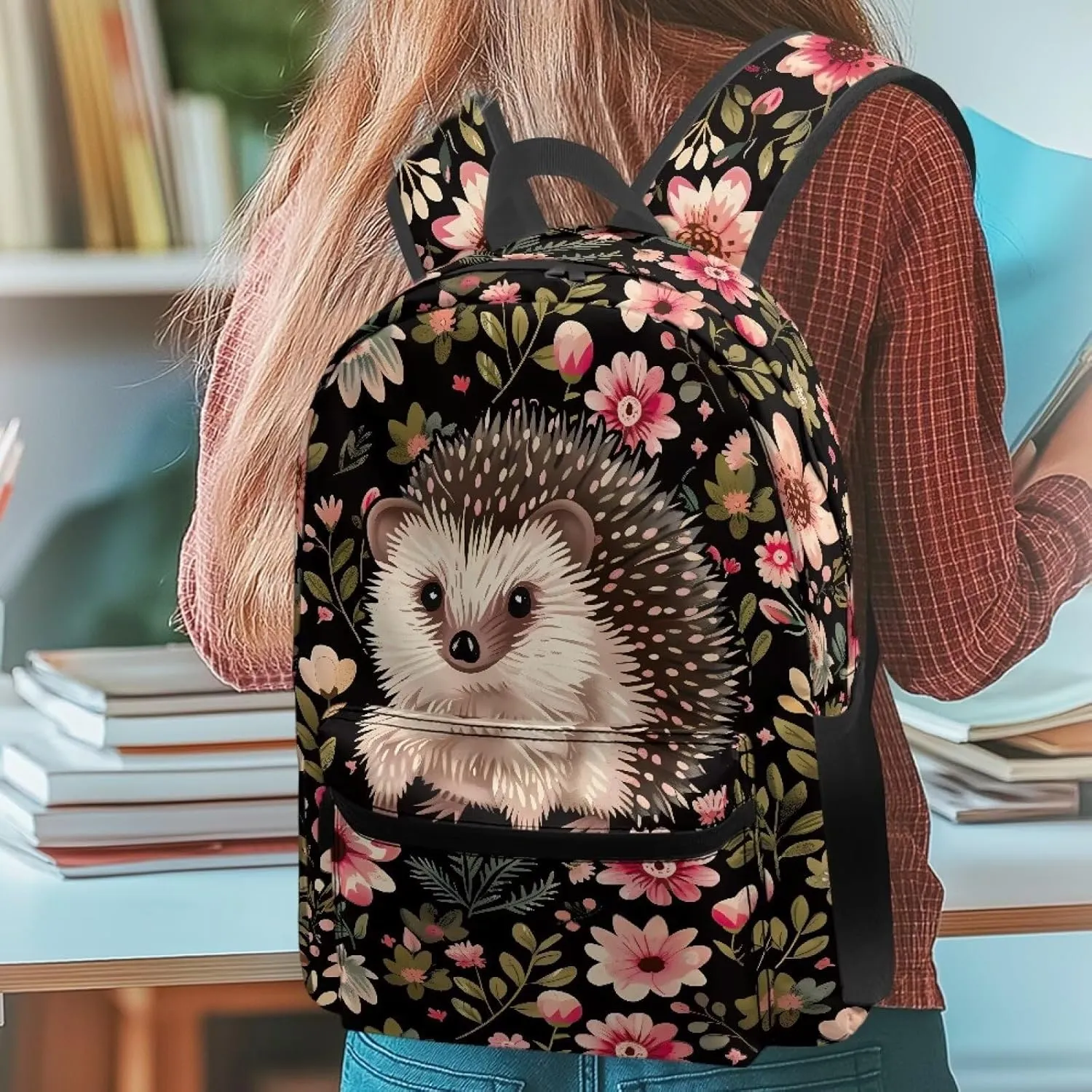 Hedgehog Flower Stylish Commuter Backpack for Mens Trendy Zippered Daypack Purse with Adjustable Strap Computer Backpack Casual Travel Daypack