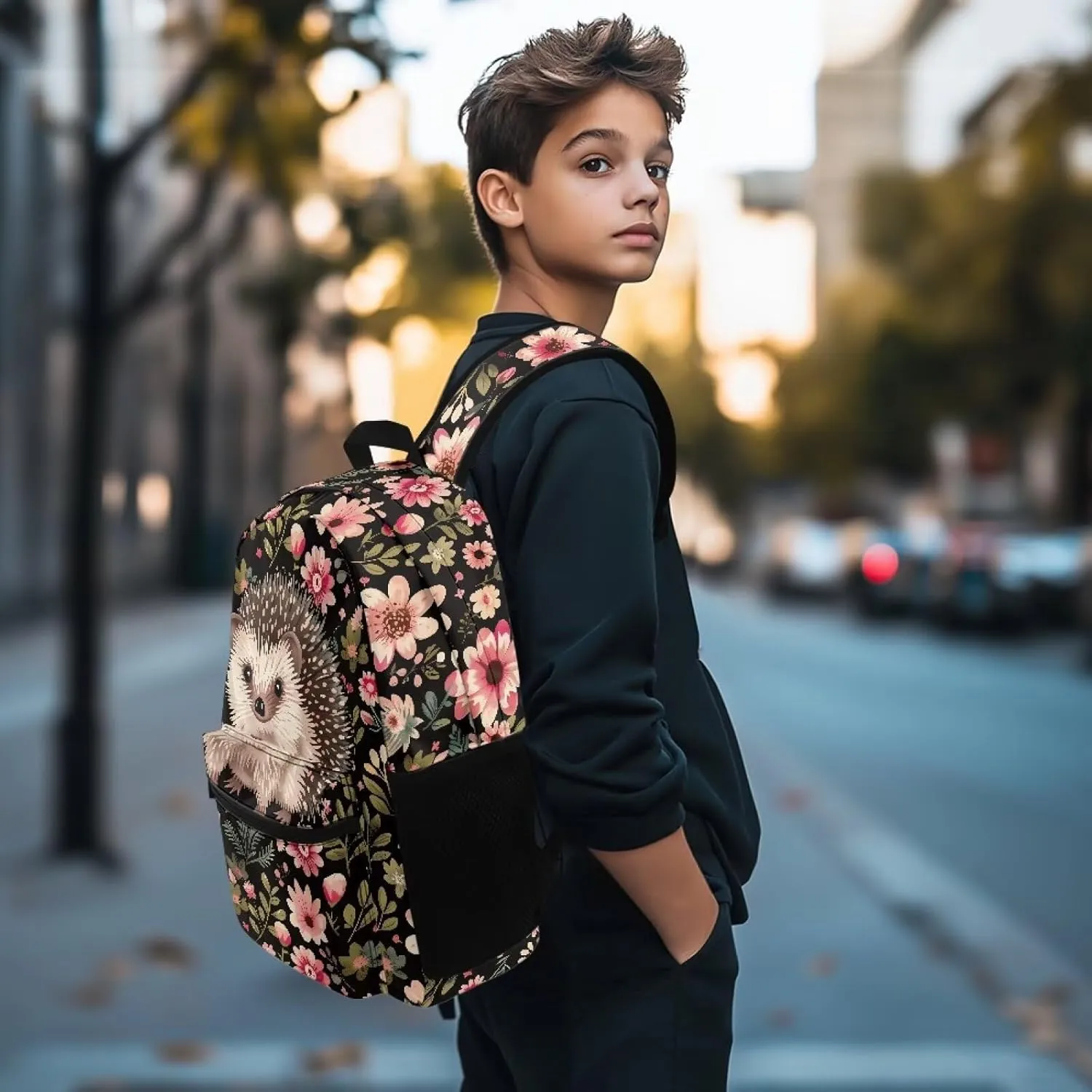 Hedgehog Flower Stylish Commuter Backpack for Mens Trendy Zippered Daypack Purse with Adjustable Strap Computer Backpack Casual Travel Daypack