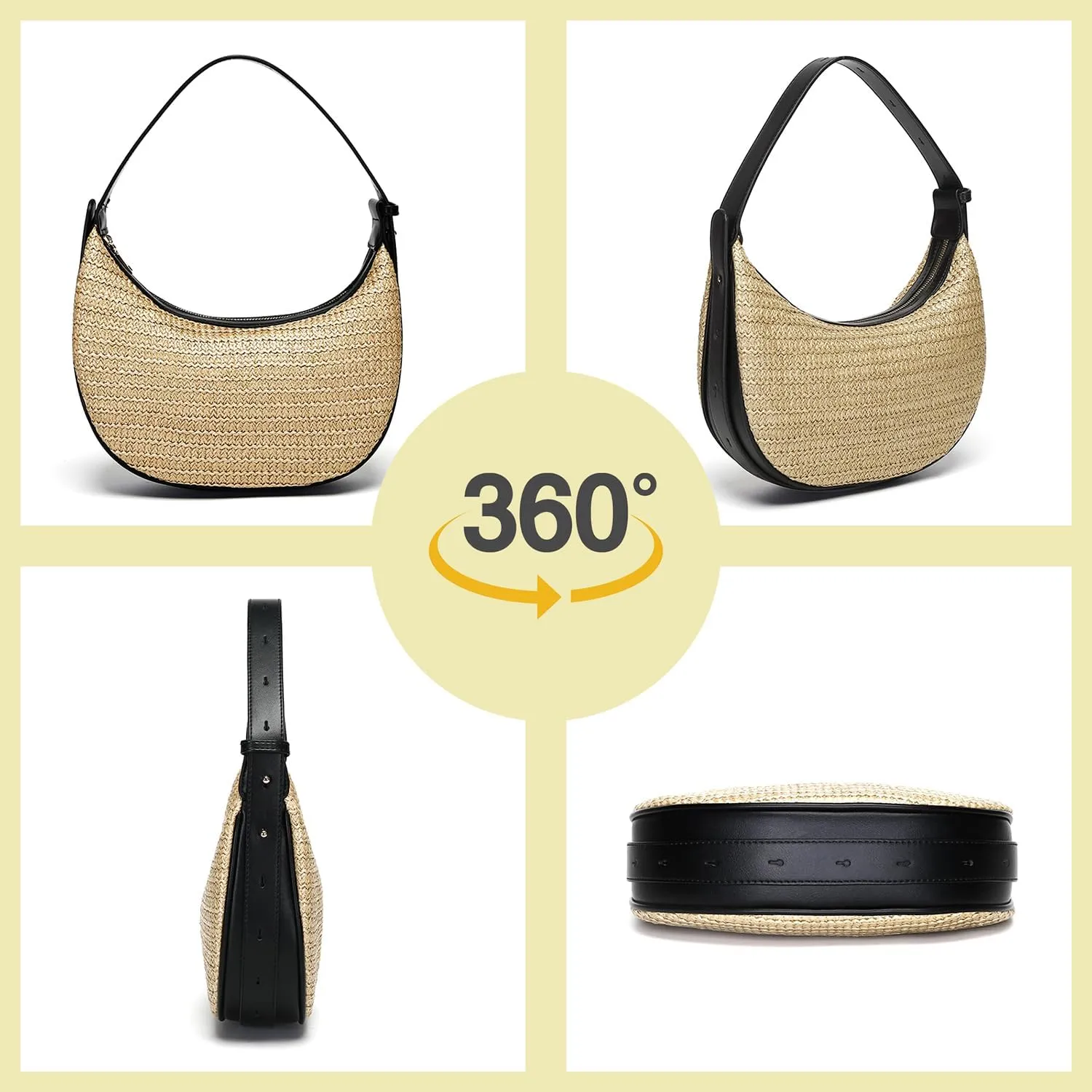 Herald Straw Crossbody Bag for Women Beach Woven Hobo Handbag Summer Chic Crescent Shoulder Purses with Adjustable Strap