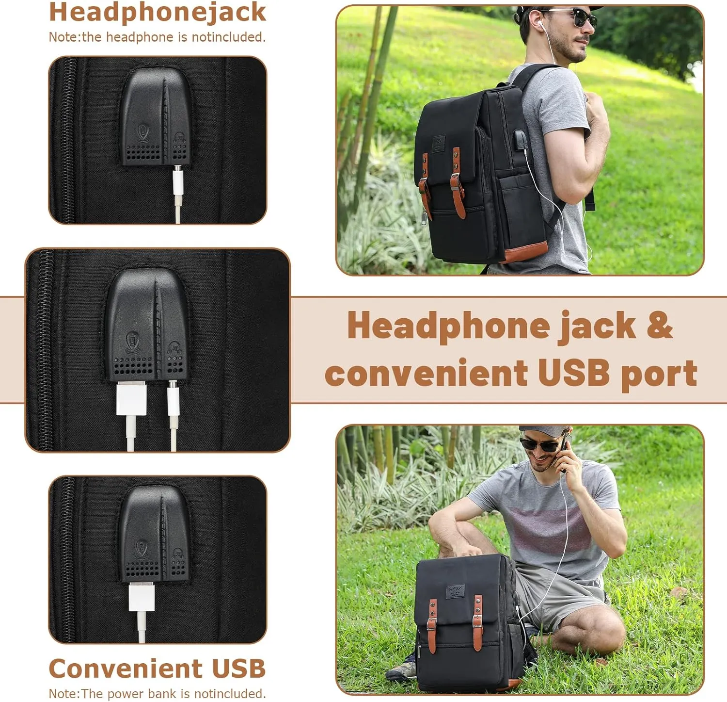 HFSX Vintage Backpack Laptop Backpack Men Women Business Travel Computer Backpack College Bookbag Stylish Water Resistant Vintage Backpack with USB Port Fits 15.6 Inch Laptop Black
