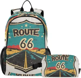 Kids Backpack Route 66 Blue School Bookbag with Lunch Bag for Boys Girls Preschool Kindergarten Elementary Laptop Daypack