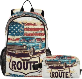 Kids Backpack Route 66 Usa School Bookbag with Lunch Bag for Boys Girls Preschool Kindergarten Elementary Laptop Daypack