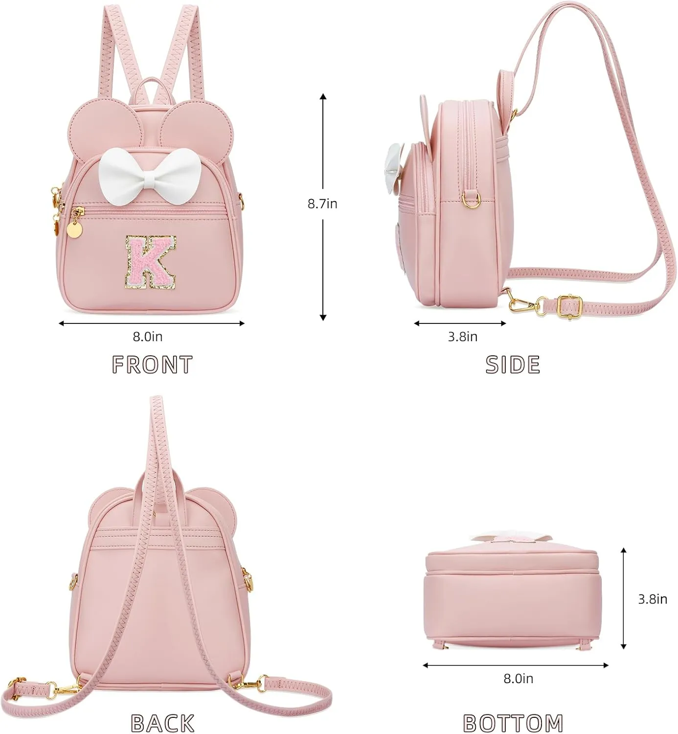 KKXIU Girls Initial Bowknot Cute Mini Backpack Small Women Daypacks, Personalized Trendy Stuff Gifts for Kids and Teen (K, Pink)