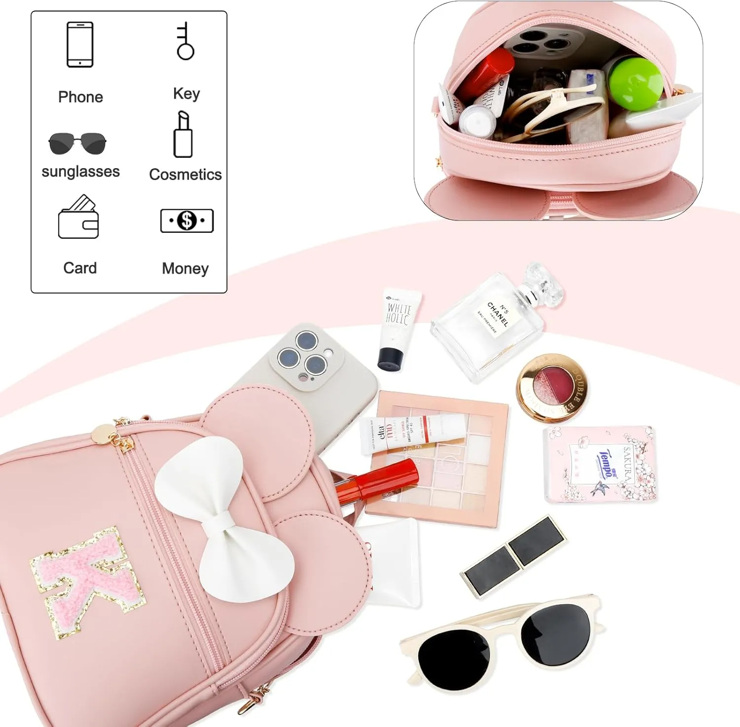 KKXIU Girls Initial Bowknot Cute Mini Backpack Small Women Daypacks, Personalized Trendy Stuff Gifts for Kids and Teen (K, Pink)