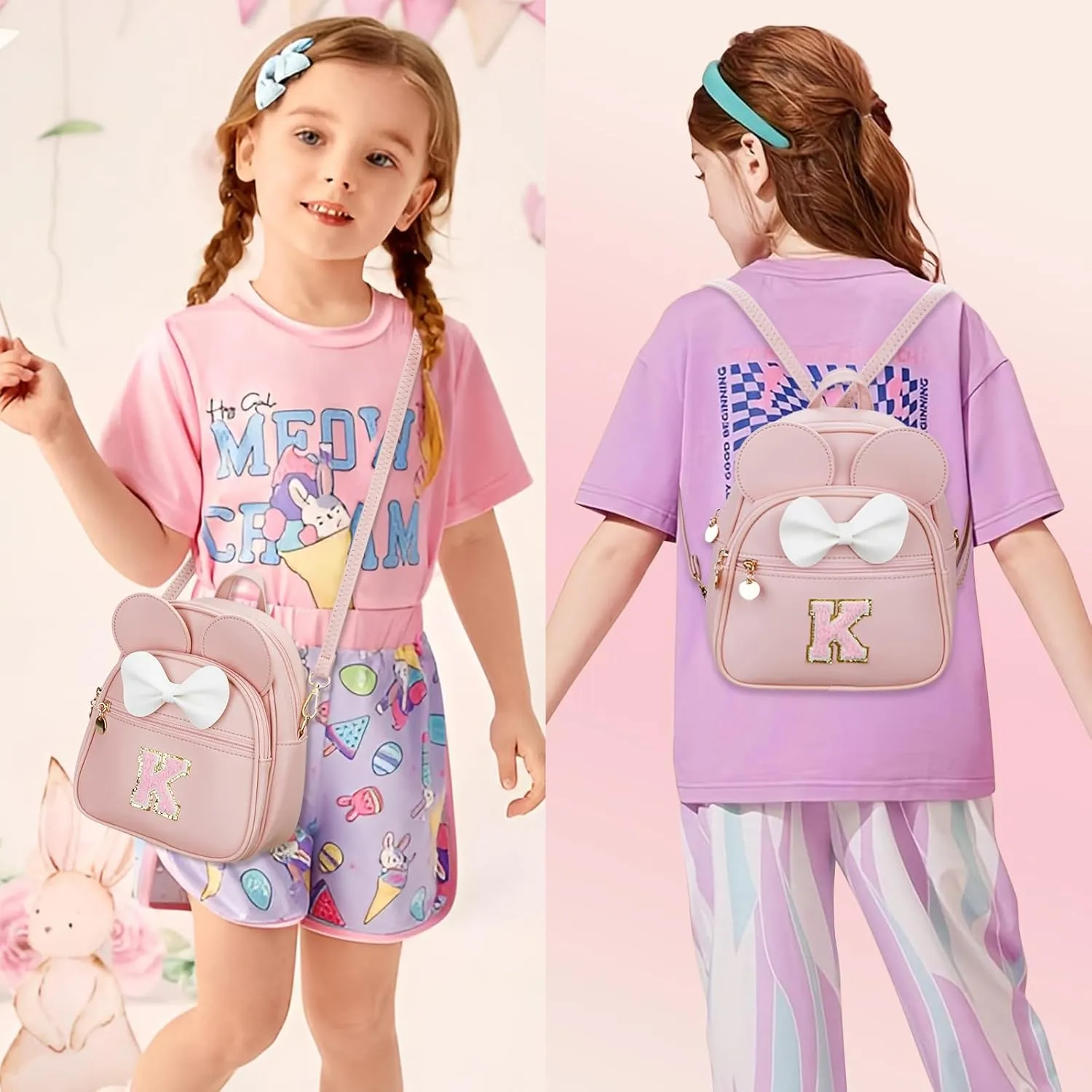 KKXIU Girls Initial Bowknot Cute Mini Backpack Small Women Daypacks, Personalized Trendy Stuff Gifts for Kids and Teen (K, Pink)