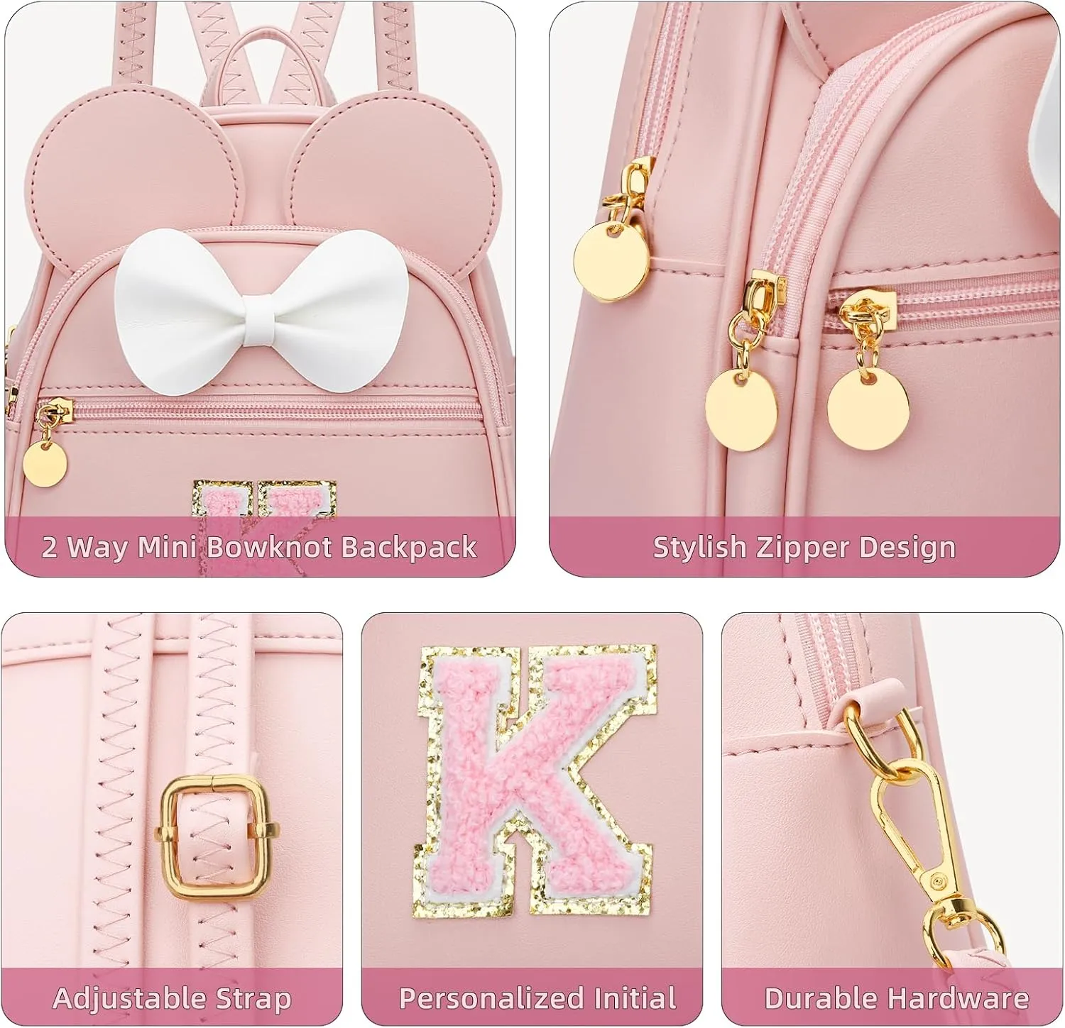 KKXIU Girls Initial Bowknot Cute Mini Backpack Small Women Daypacks, Personalized Trendy Stuff Gifts for Kids and Teen (K, Pink)