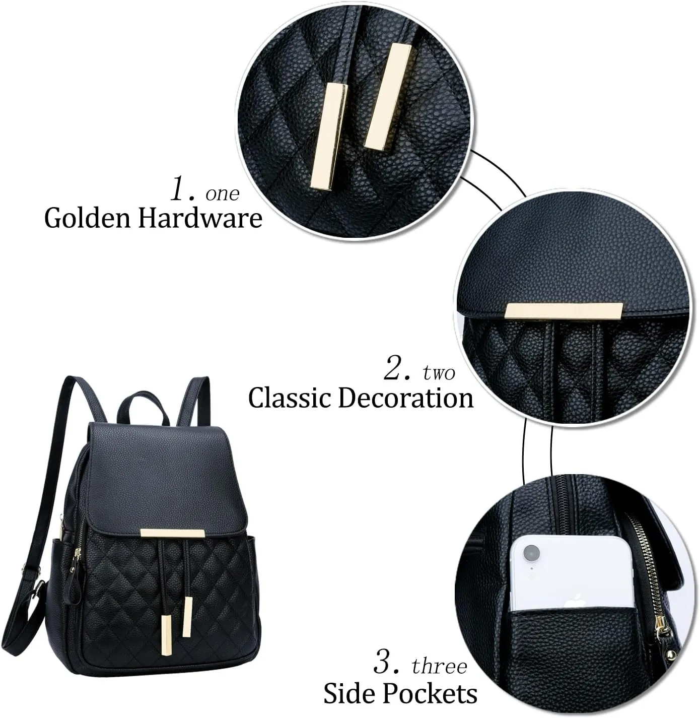 KKXIU Quilted Trendy Leather Backpack Purse for Women and Ladies Shoulder Travel Daypacks Bags (Black)