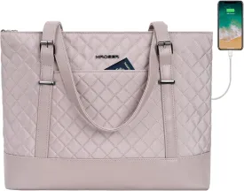 KROSER Laptop Tote Bag 15.6 Inch with USB Port, Large Work Tote Bag Computer Shoulder Bag for Women, Laptop Carrying Case Stylish Handbag Gift for Office Business Travel(Grey Pink)
