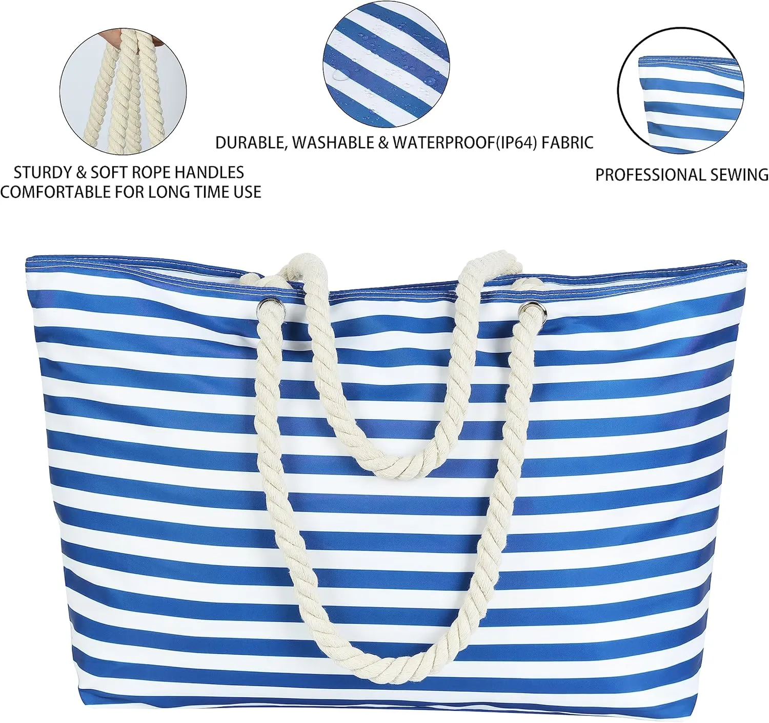 KUAK Beach Bags for Women Extra Large Beach Tote Bag with Top Zipper, 3 Inner Pockets Waterproof Sandproof Swim Pool Bag