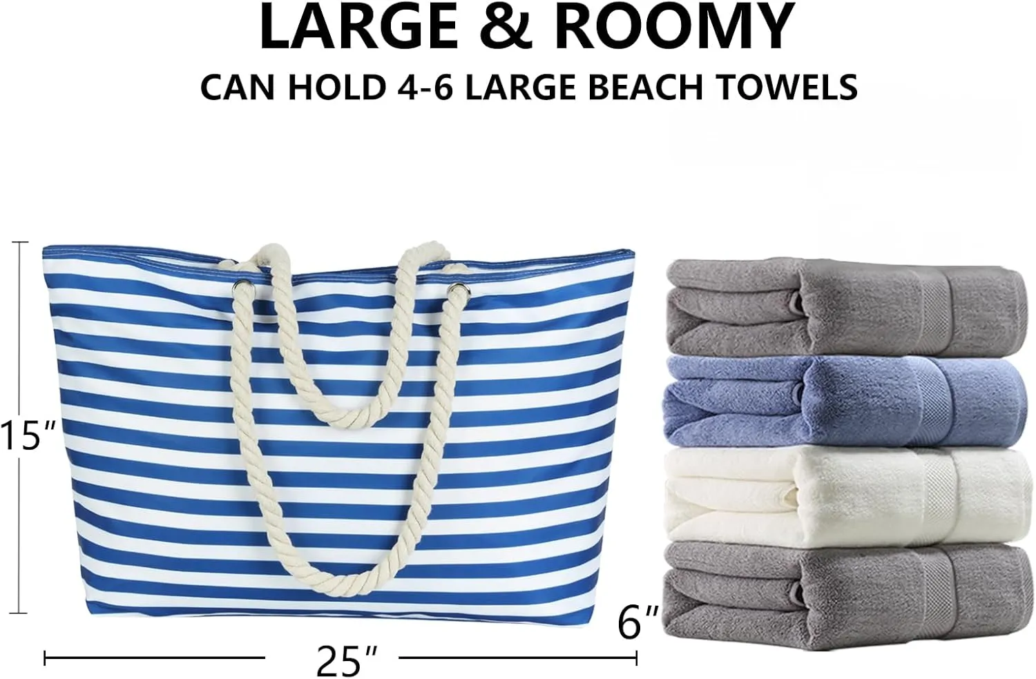 KUAK Beach Bags for Women Extra Large Beach Tote Bag with Top Zipper, 3 Inner Pockets Waterproof Sandproof Swim Pool Bag