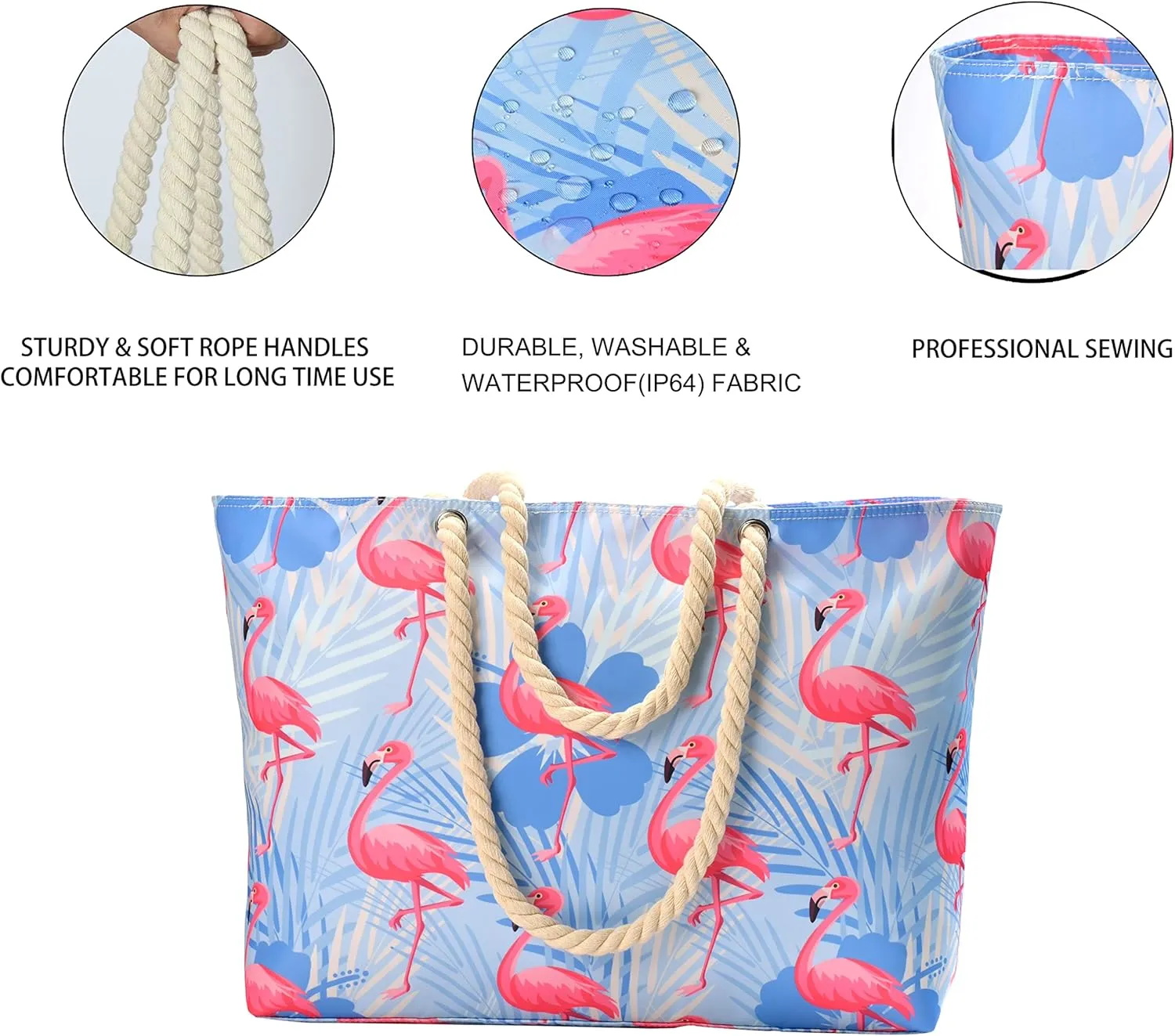 KUAK Beach Bags for Women Extra Large Beach Tote Bag with Top Zipper, 3 Inner Pockets Waterproof Sandproof Swim Pool Bag