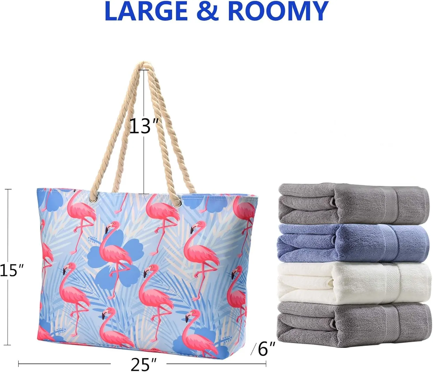 KUAK Beach Bags for Women Extra Large Beach Tote Bag with Top Zipper, 3 Inner Pockets Waterproof Sandproof Swim Pool Bag