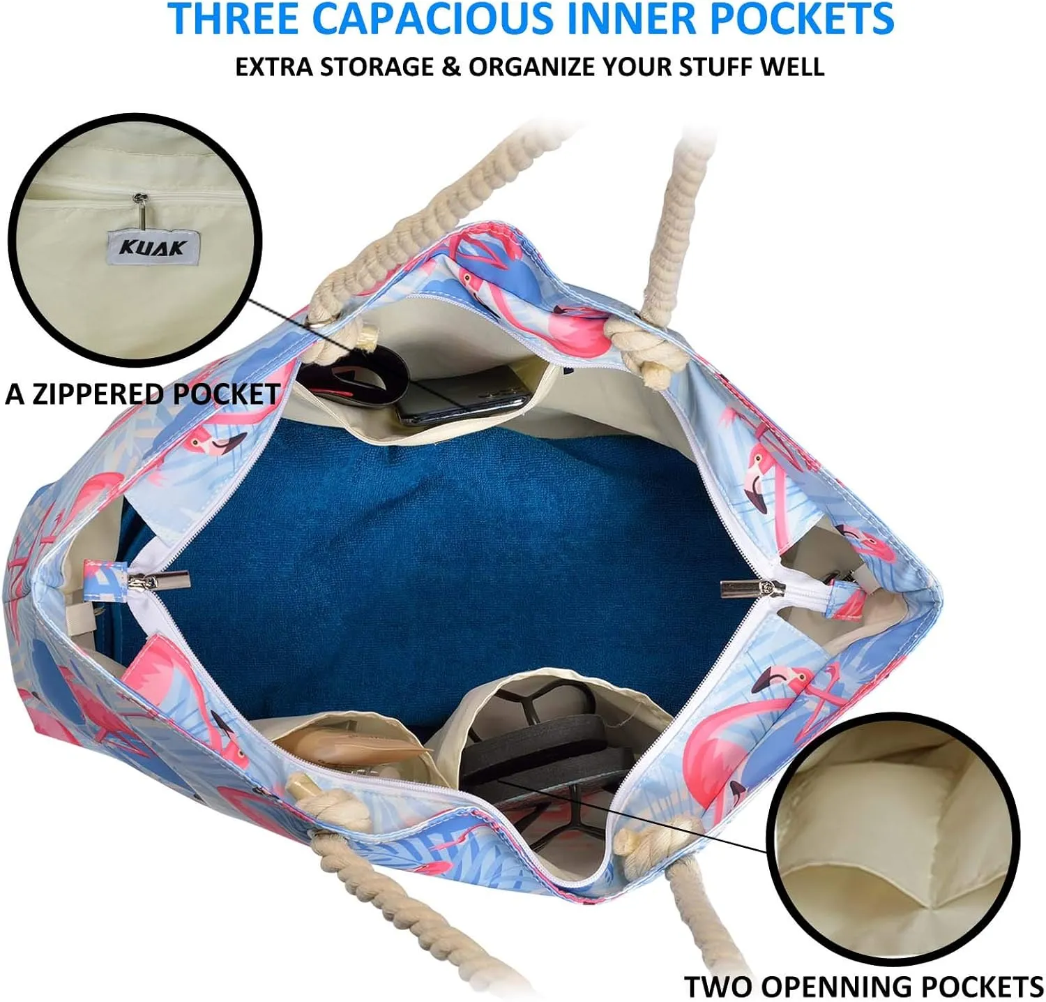KUAK Beach Bags for Women Extra Large Beach Tote Bag with Top Zipper, 3 Inner Pockets Waterproof Sandproof Swim Pool Bag
