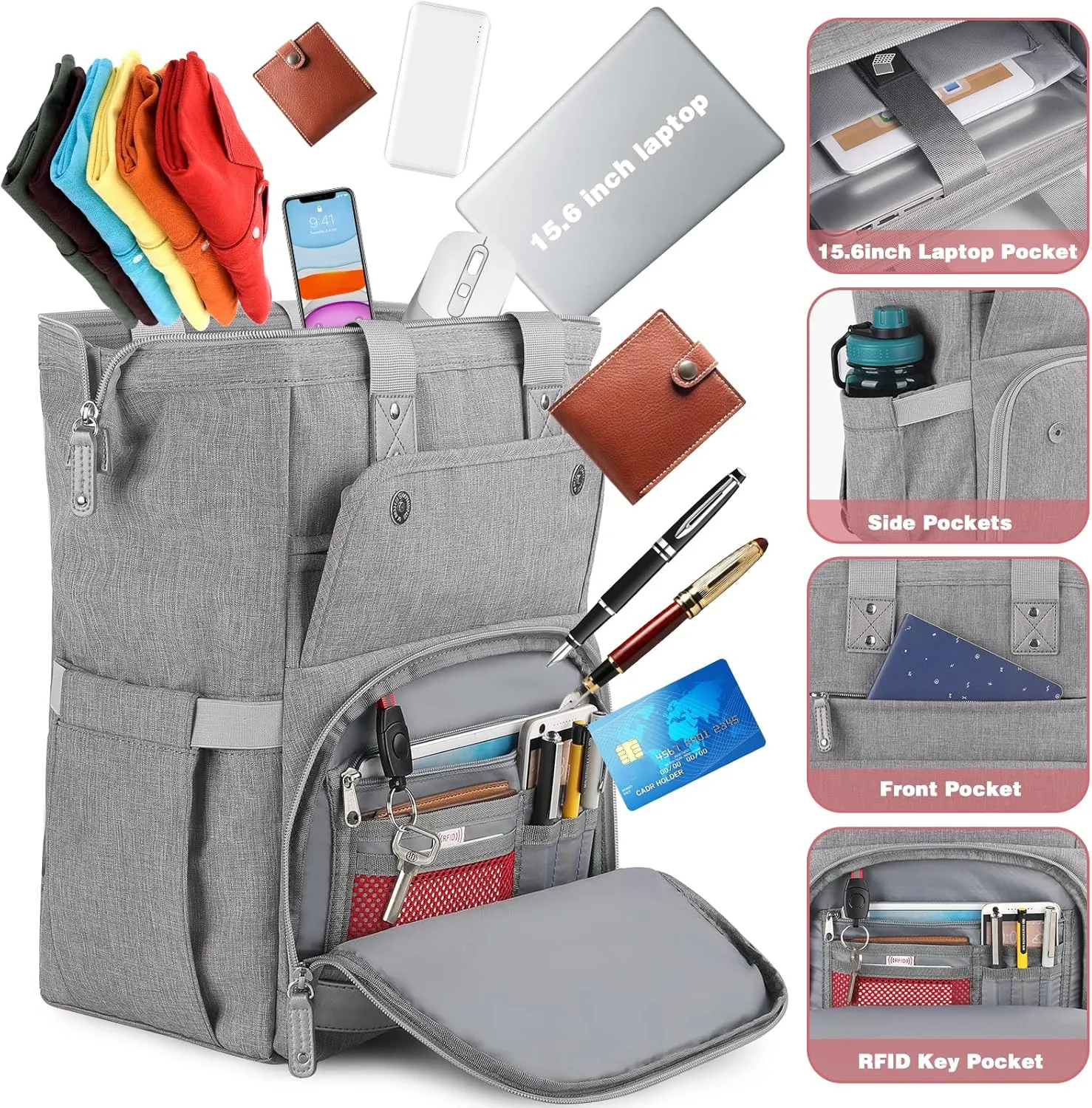Laptop Backpack for Women,RFID Anti Theft 15.6 Inch Computer Bag Travel Backpack Men,Wide Top Open Large Teacher Nurse Backpack with USB Charging Port Airline Approved Water Resistant Daypacks Grey