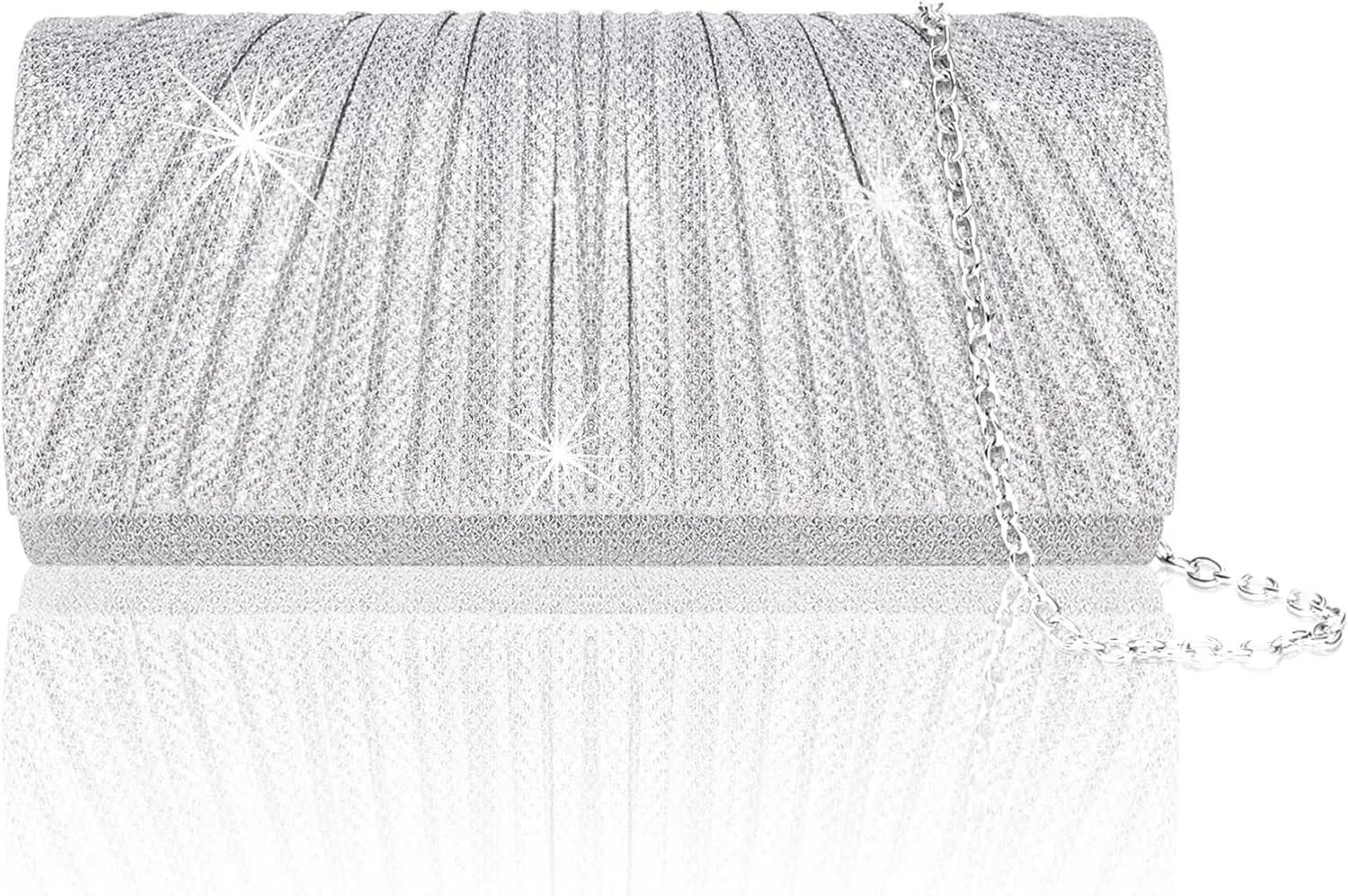 Larcenciel Clutch Purses for Women, Elegant Pleated Evening Bag with 2 Removable Chain Straps, Sparkling Silver Party Bags, Envelope Ladies Handbags for Formal Events Cocktail Weddings Prom Homecoming
