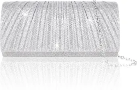 Larcenciel Clutch Purses for Women, Elegant Pleated Evening Bag with 2 Removable Chain Straps, Sparkling Silver Party Bags, Envelope Ladies Handbags for Formal Events Cocktail Weddings Prom Homecoming