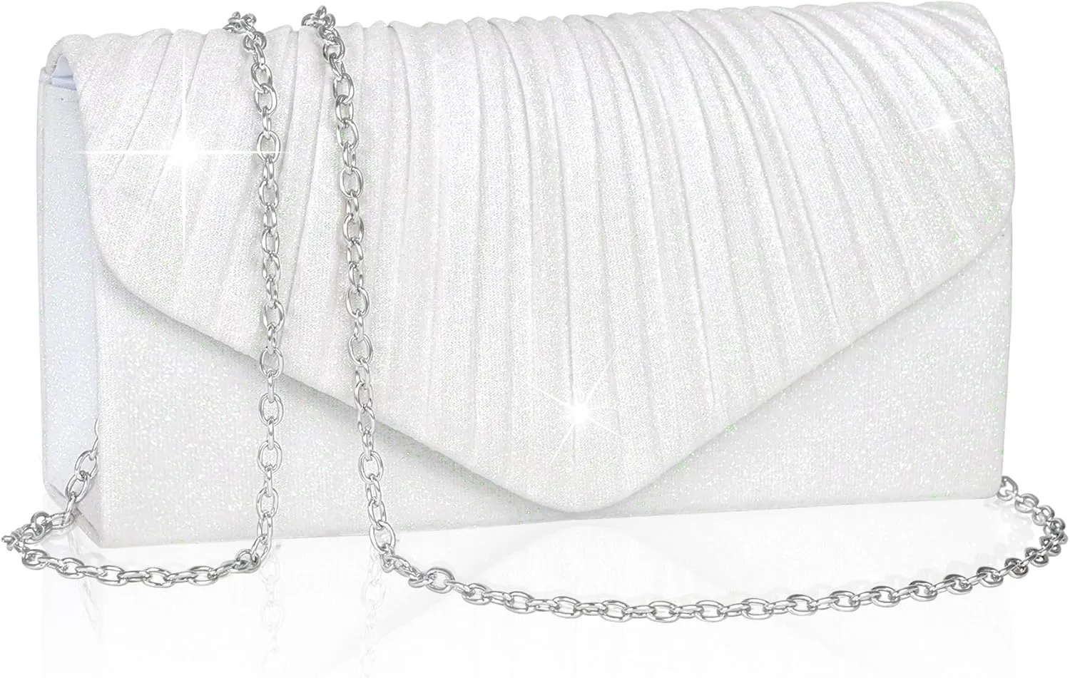 Larcenciel White Clutch Purse for Women, Elegant Pleated Evening Bags with Chain Strap, Sparkly Green Sequin Envelope Clutch Bag, Formal Shoulder Handbag for Wedding, Party, Prom, Cocktail, Date Night