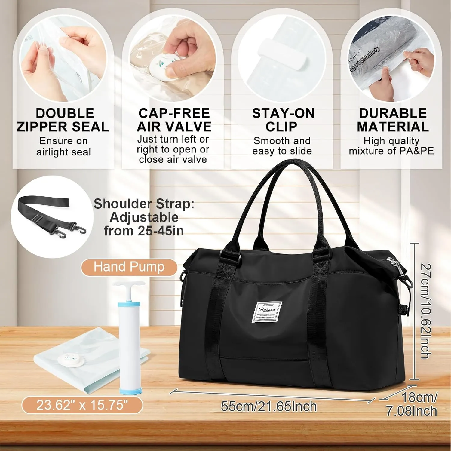 Large Gym Bag for Women,Carry on Duffel 18 x 14 x 8 inches Spirit Airlines Travel Essentials Bag, Weekender Space Saver Clothes Vacuum Storage Bags with hand pump,Duffle Hospital Luggage,Black