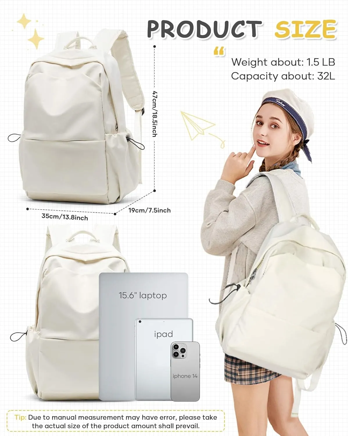 Large White Backpack for Men Women, School Backpack for Teen Girls Bookbags High School Laptop Bags Women Travel Daypacks, Carry on Backpack Flight Approved Hiking Backpack Large