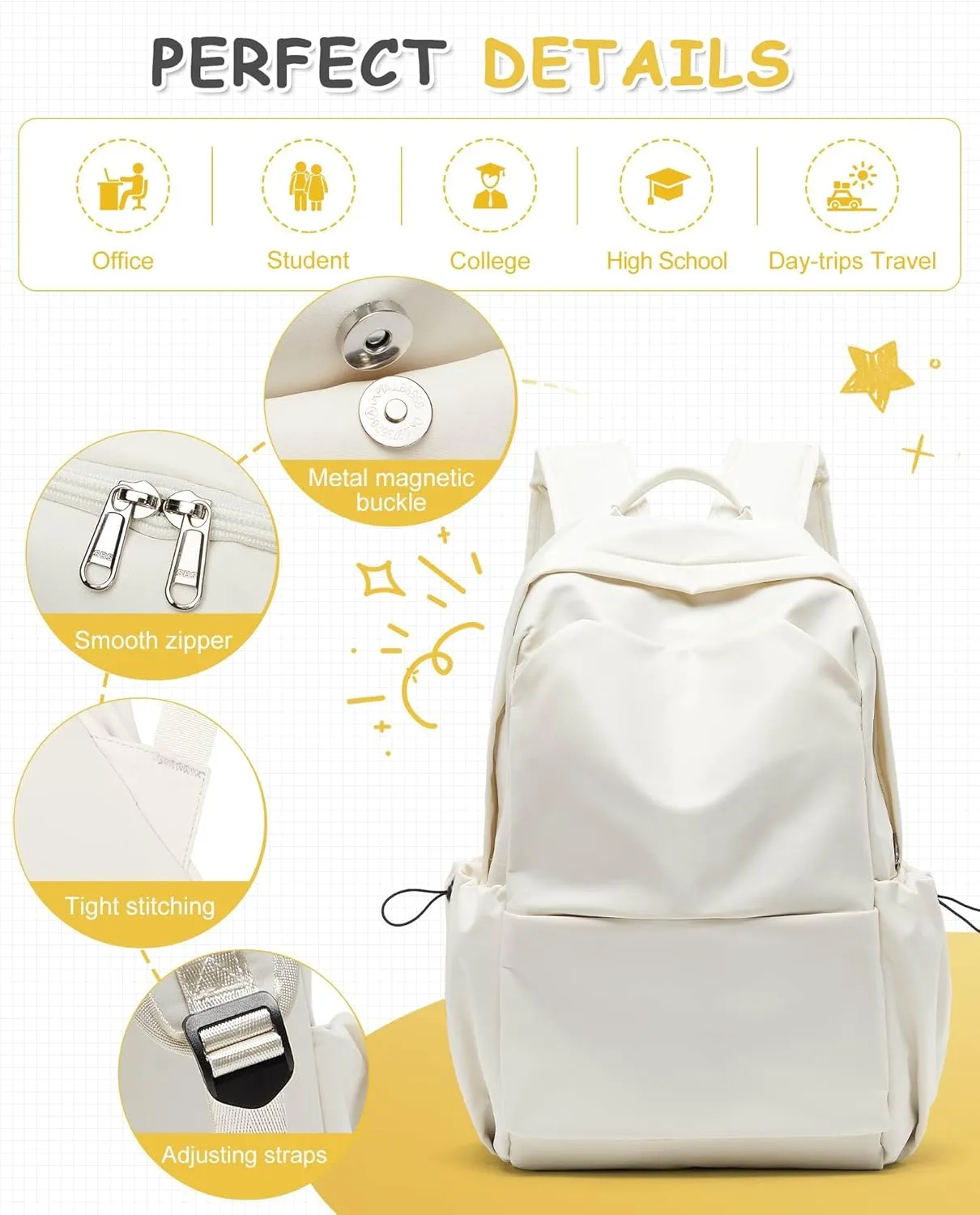 Large White Backpack for Men Women, School Backpack for Teen Girls Bookbags High School Laptop Bags Women Travel Daypacks, Carry on Backpack Flight Approved Hiking Backpack Large