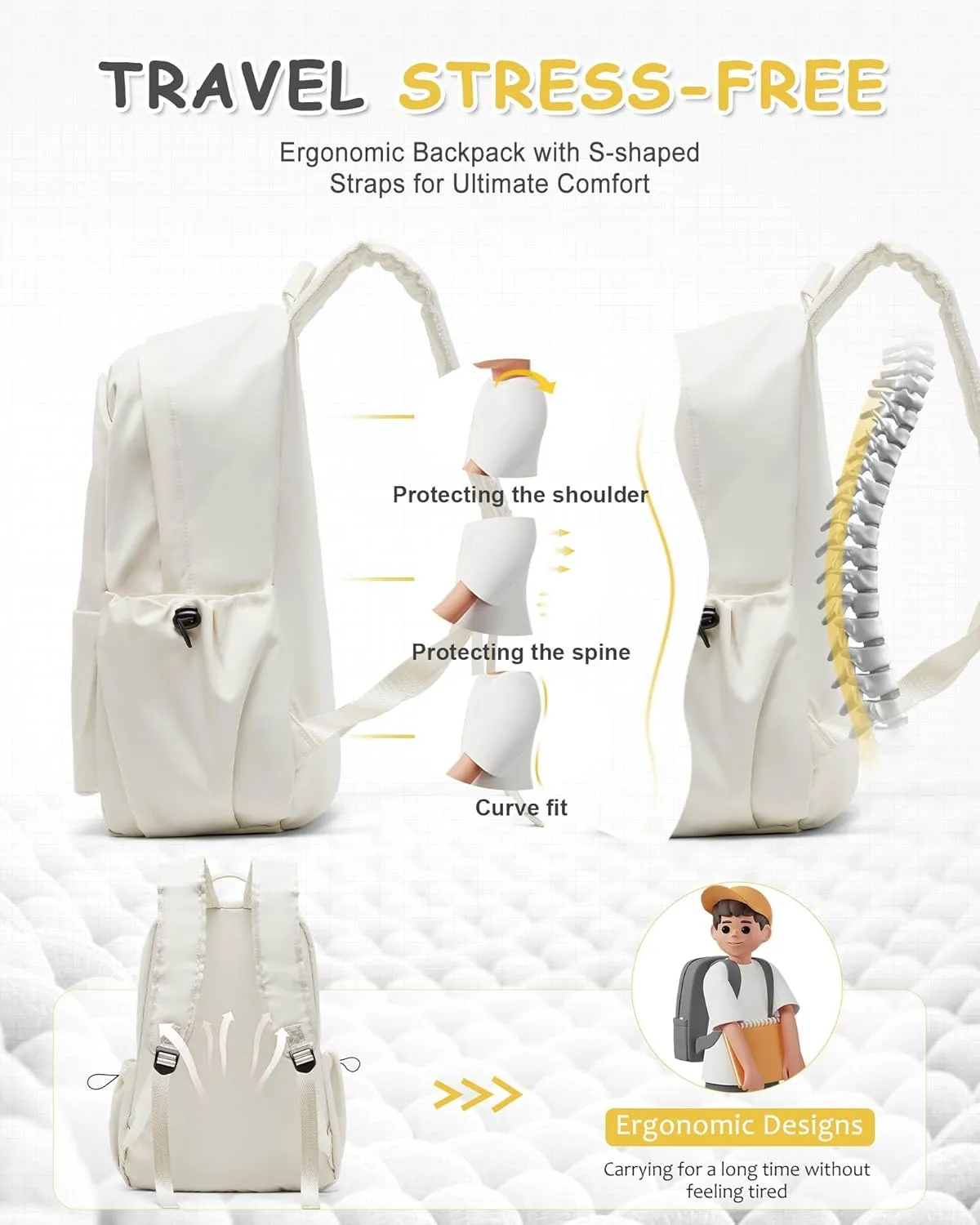 Large White Backpack for Men Women, School Backpack for Teen Girls Bookbags High School Laptop Bags Women Travel Daypacks, Carry on Backpack Flight Approved Hiking Backpack Large