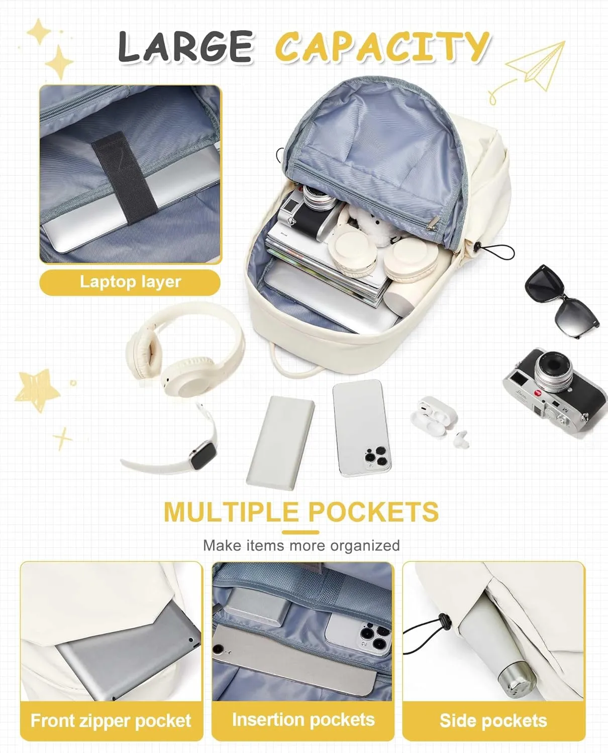 Large White Backpack for Men Women, School Backpack for Teen Girls Bookbags High School Laptop Bags Women Travel Daypacks, Carry on Backpack Flight Approved Hiking Backpack Large