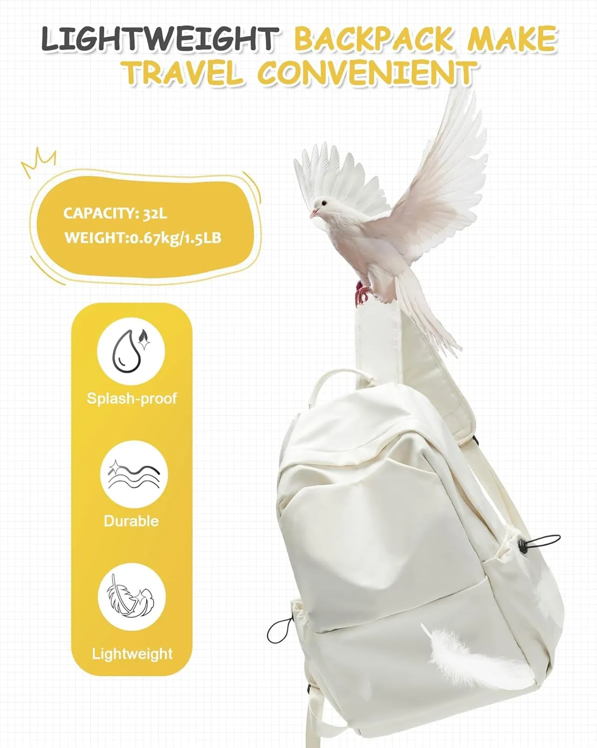 Large White Backpack for Men Women, School Backpack for Teen Girls Bookbags High School Laptop Bags Women Travel Daypacks, Carry on Backpack Flight Approved Hiking Backpack Large