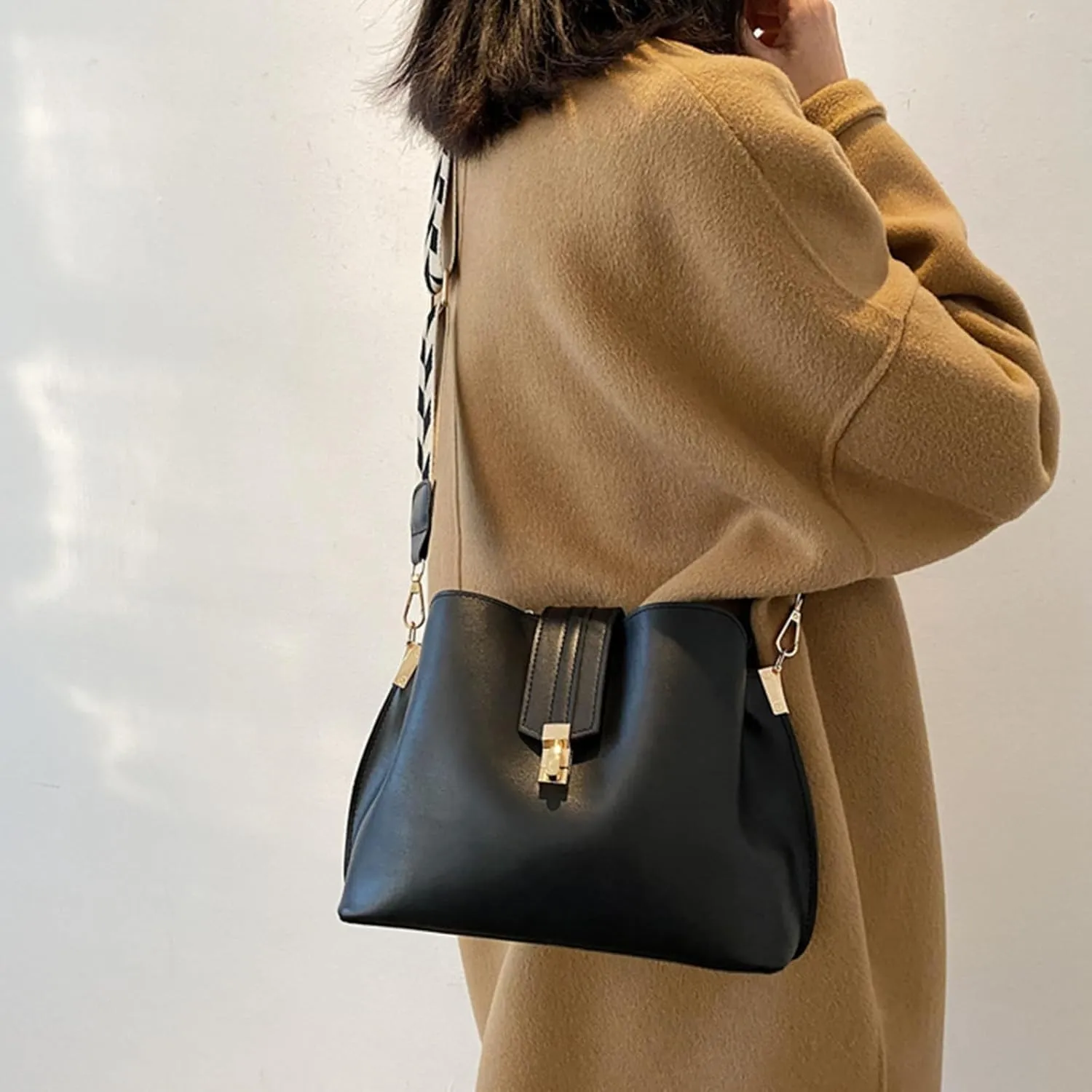 Leather Bucket Bag for Women, Guitar Strap Crossbody Handbag, Designer Tote Purse, Small Retro Satchel