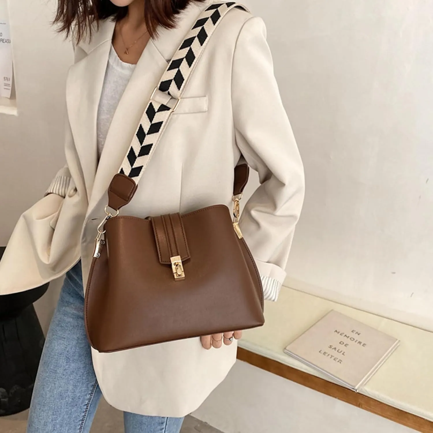 Leather Bucket Bag for Women, Guitar Strap Crossbody Handbag, Designer Tote Purse, Small Retro Satchel