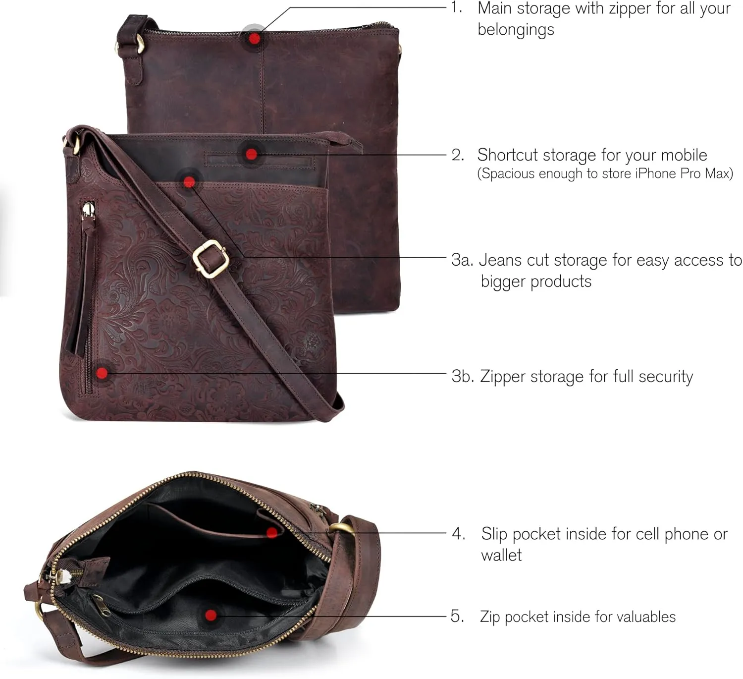 Leather Crossbody Bags for Women - Ladies Sling Handbags - Medium Cross body Purses Handbags - Purses For Women