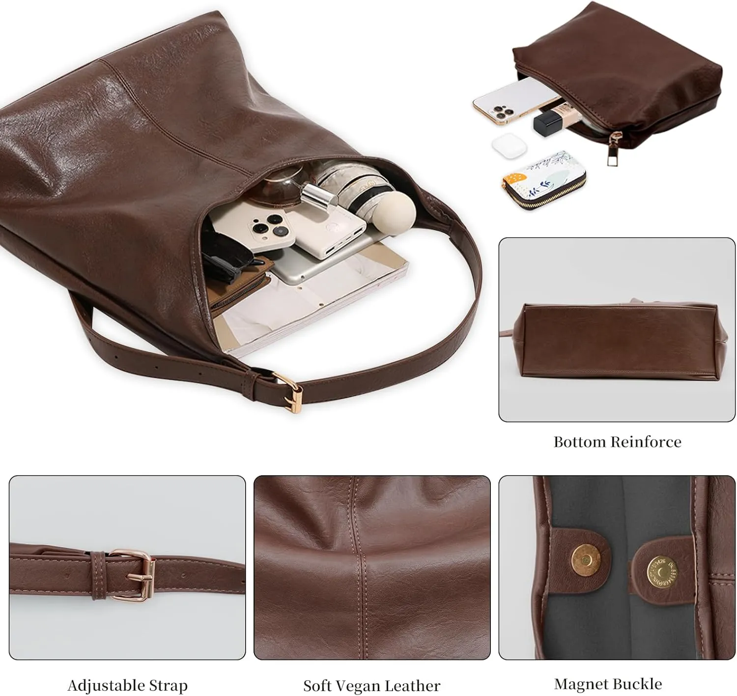 Leather Hobo Bag Small Shoulder Purses for Women Slouchy Tote Handbag Vegan Leather Crescent Bag