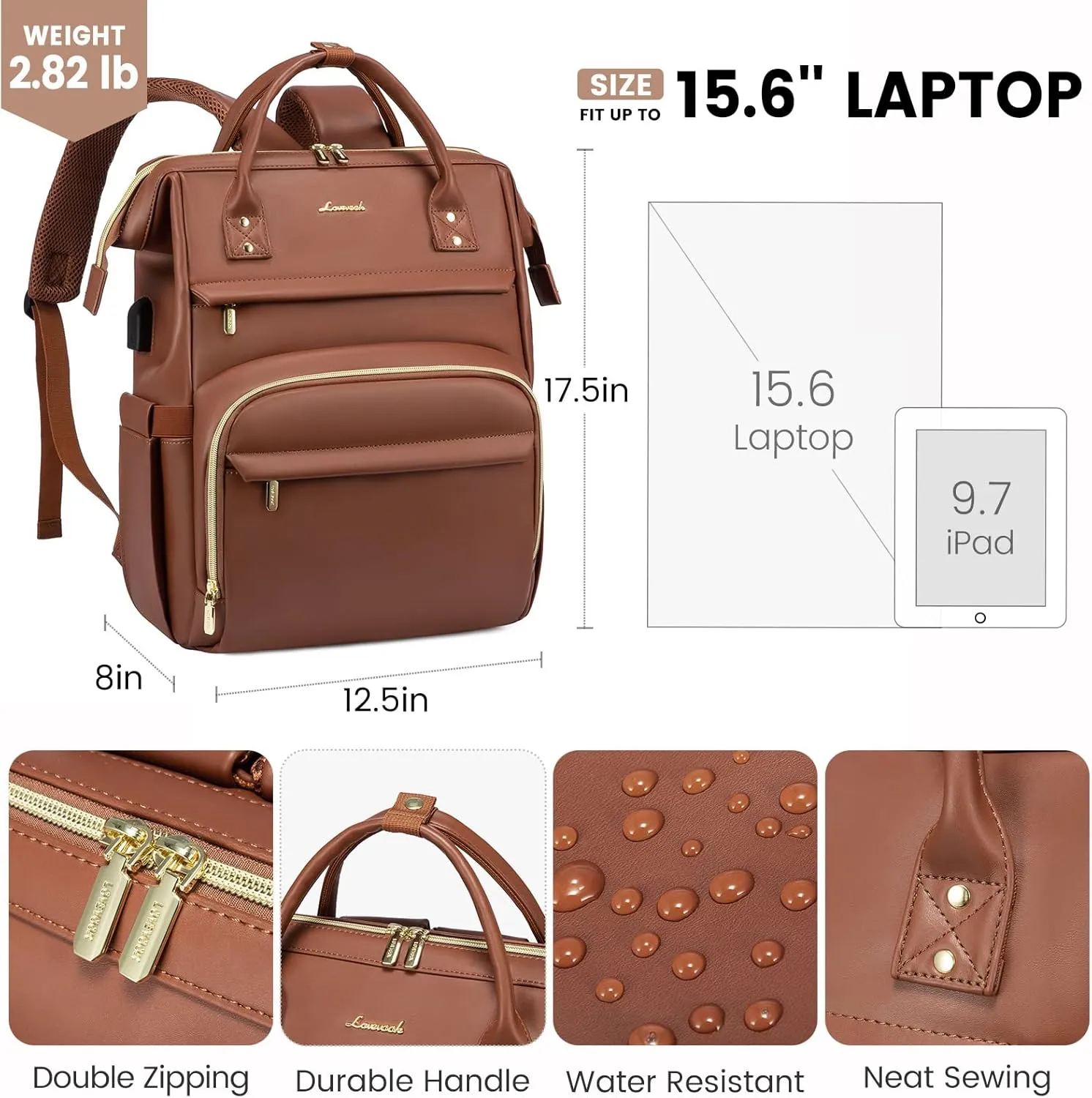 Leather Laptop Backpack for Women with USB Port - 17in, Travel Purse for Nurse, Teacher, College, Business - Carry On Backpack by LOVEVOOK