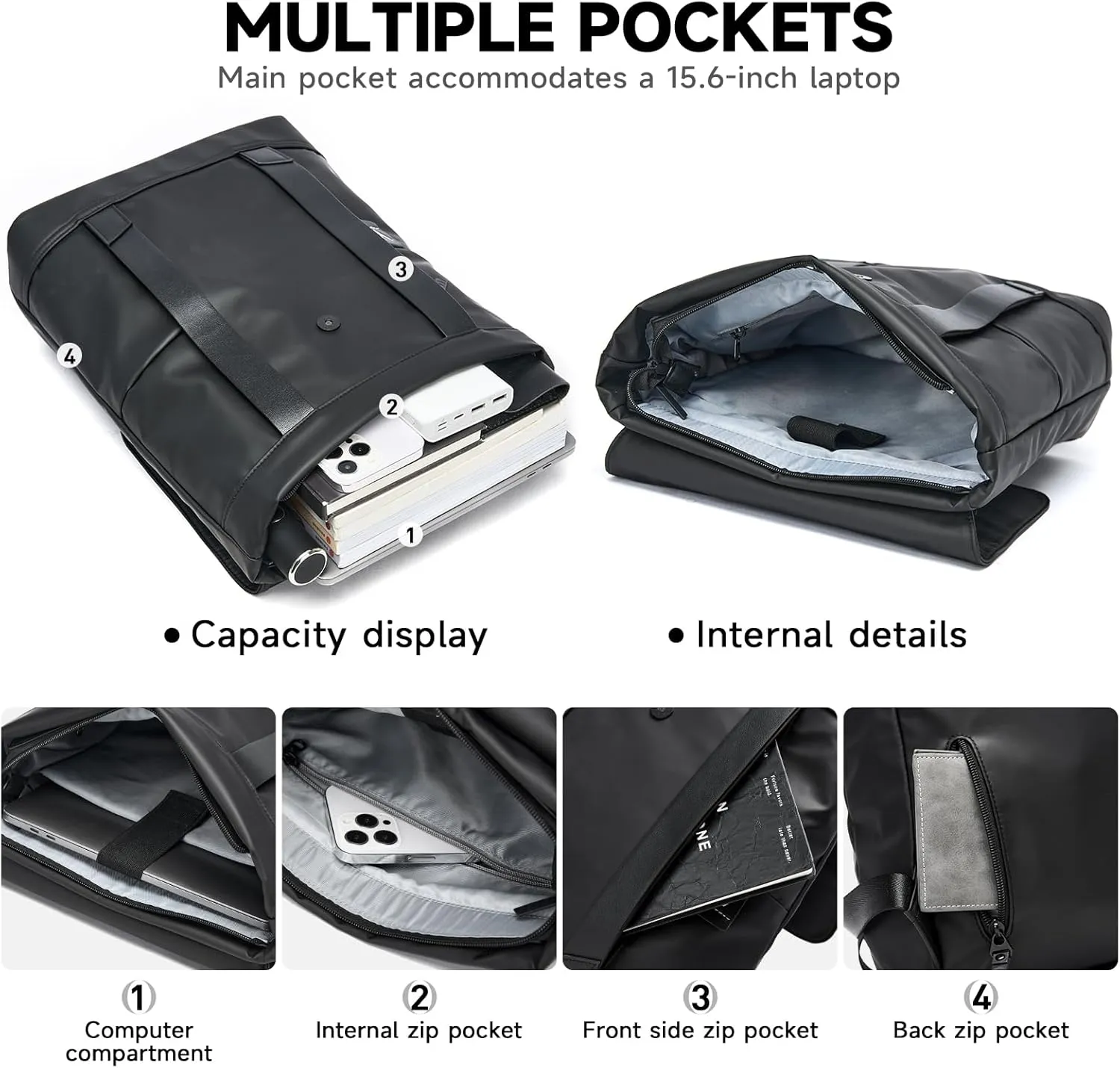 Leather Laptop Backpack Men,Vintage Leather Waterproof Travel Backpack Fit 15.6 Inch, Business College Backpacks Casual Daypacks Work Office Black