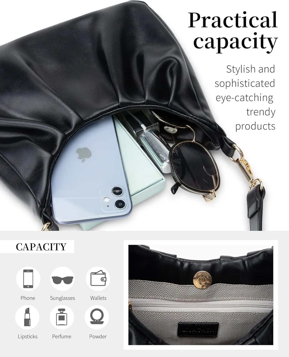 LIVACASA Shoulder Bags for Women, Cute Soft Small Clutch Purses,PU Leather Hobo Crossbody Tote Dumpling Bags with Pockets