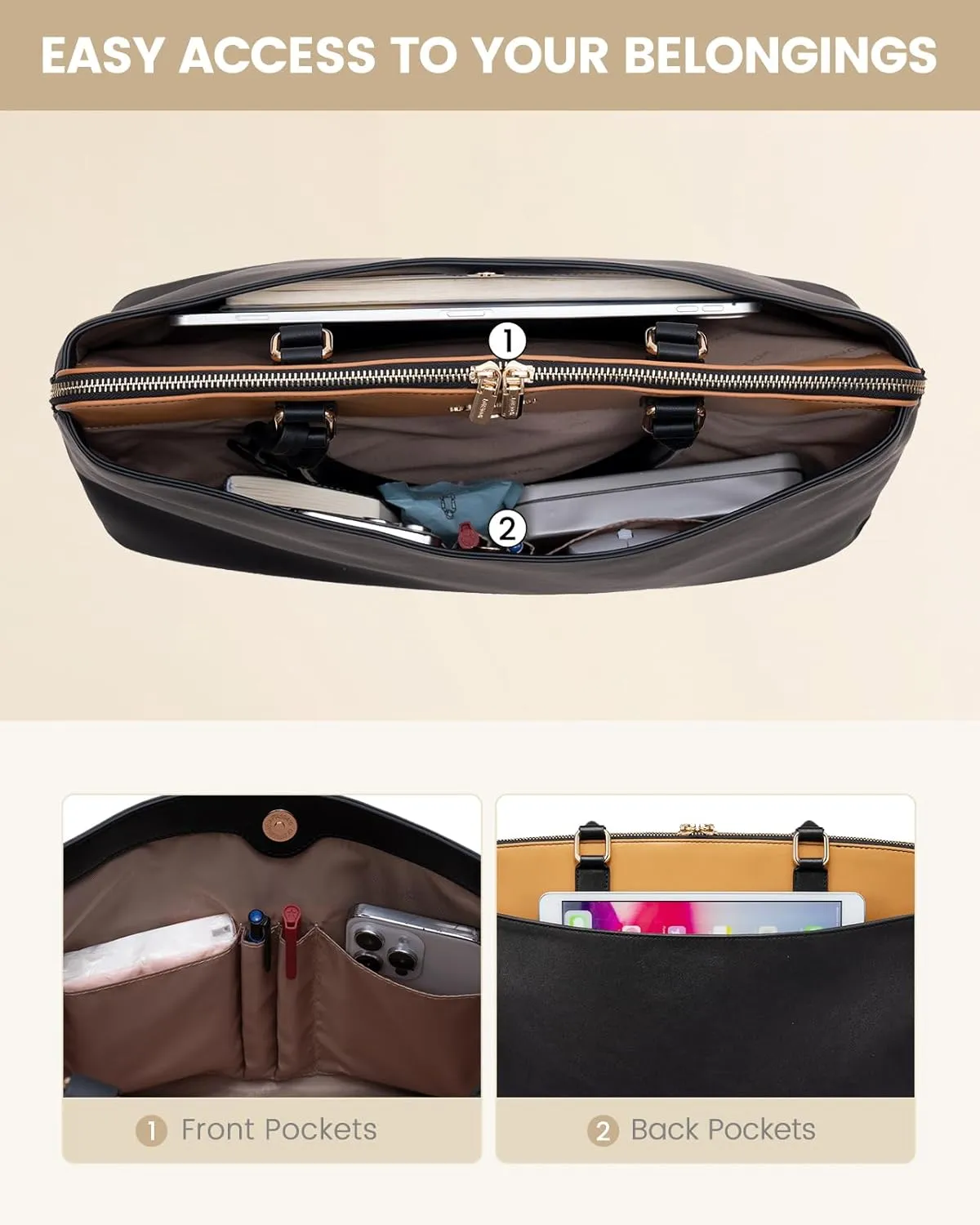 LOVEVOOK Laptop Bag for Women, 15.6 Inch Work Tote Bag, Large Purse Professional Computer Bag, Stylish Business Office Briefcase,Light Black-Brown