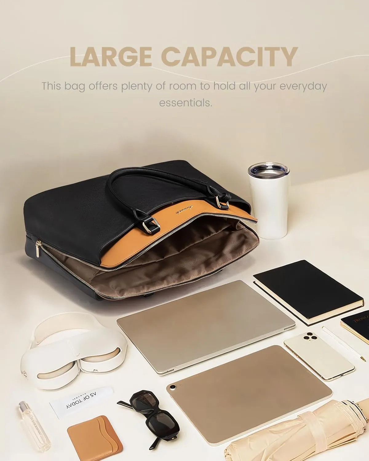 LOVEVOOK Laptop Bag for Women, 15.6 Inch Work Tote Bag, Large Purse Professional Computer Bag, Stylish Business Office Briefcase,Light Black-Brown