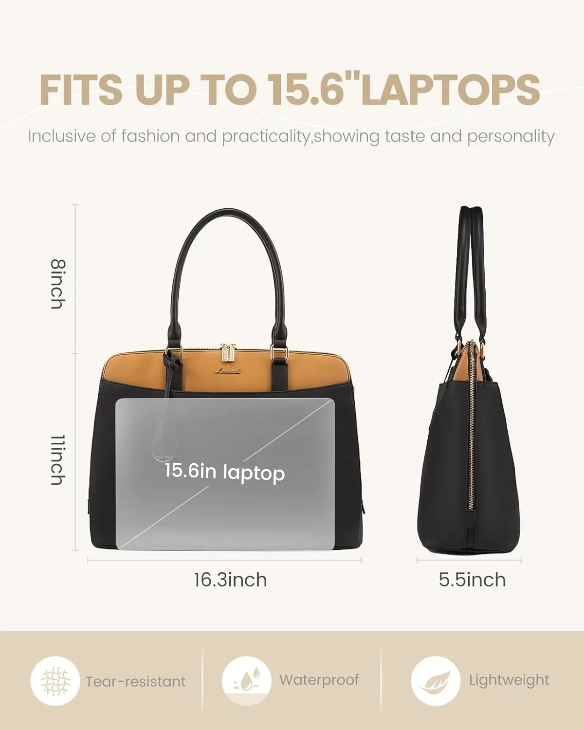 LOVEVOOK Laptop Bag for Women, 15.6 Inch Work Tote Bag, Large Purse Professional Computer Bag, Stylish Business Office Briefcase,Light Black-Brown