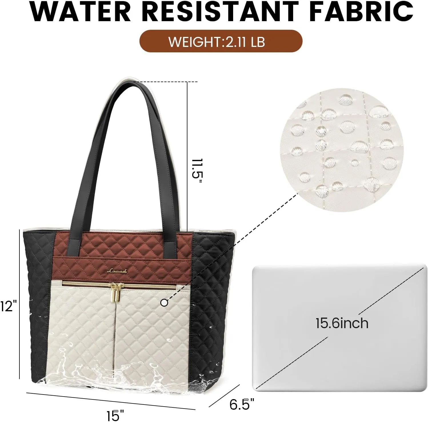 LOVEVOOK Laptop Bag for Women 15.6 inch,Diamond Quilted Work Tote Bags Womens Laptop Computer Shoulder Bags,Stylish Travel Tote Bags Laptop Purse Briefcase Handbag with Clutch Purse,Brown-Black-White