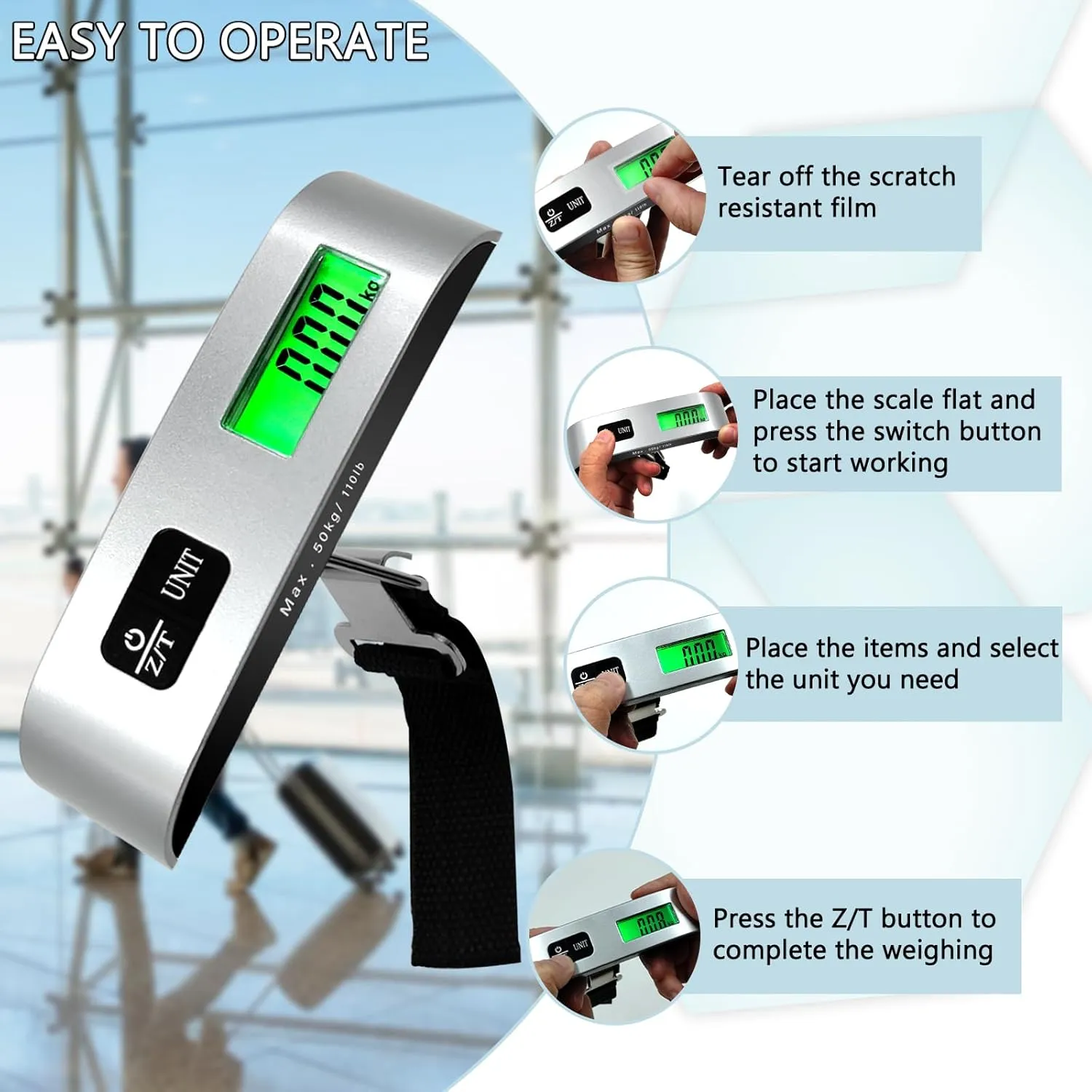 Luggage Scale, 110lb Luggage Weight Scale with 4 Unit Switching Functions&LED Display, Luggage Scale Travel Digital for Weighing Luggage, Backpacks, Packages and Markets