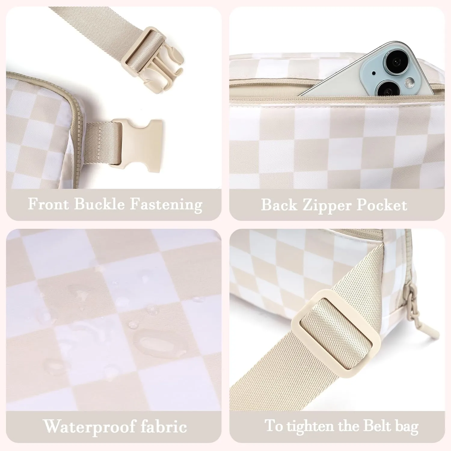 Lushandy Checkered Fanny Pack Waterproof Nylon Crossbody Bags for Women Trendy Belt Purse Running Hiking Traval Waist Pack