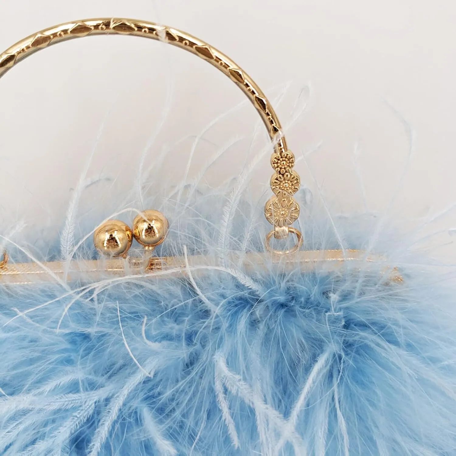 LVCOME Natural Feather Purse Evening Handbag with Golden-handle Elegant Vintage Fluffy for Party Wedding