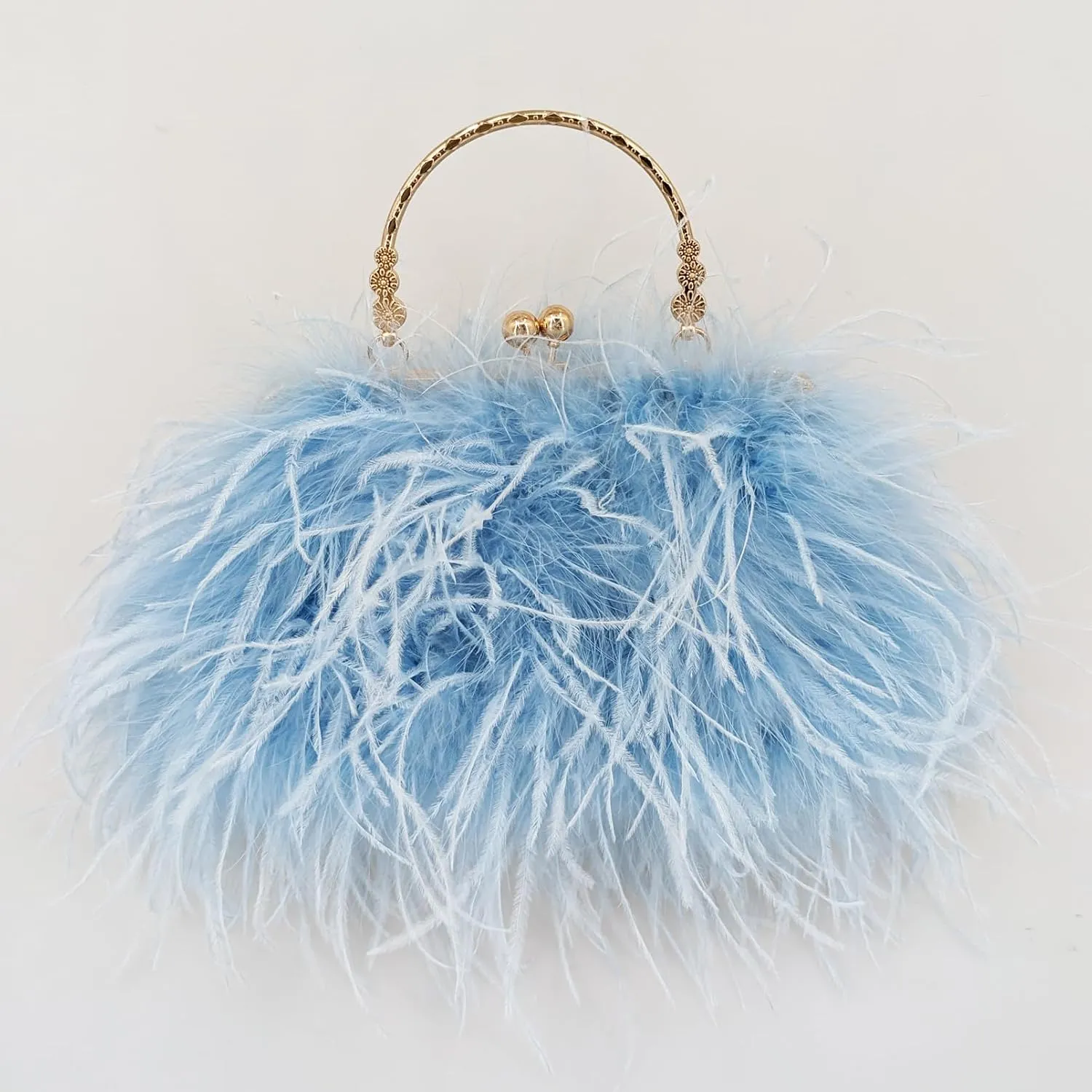 LVCOME Natural Feather Purse Evening Handbag with Golden-handle Elegant Vintage Fluffy for Party Wedding
