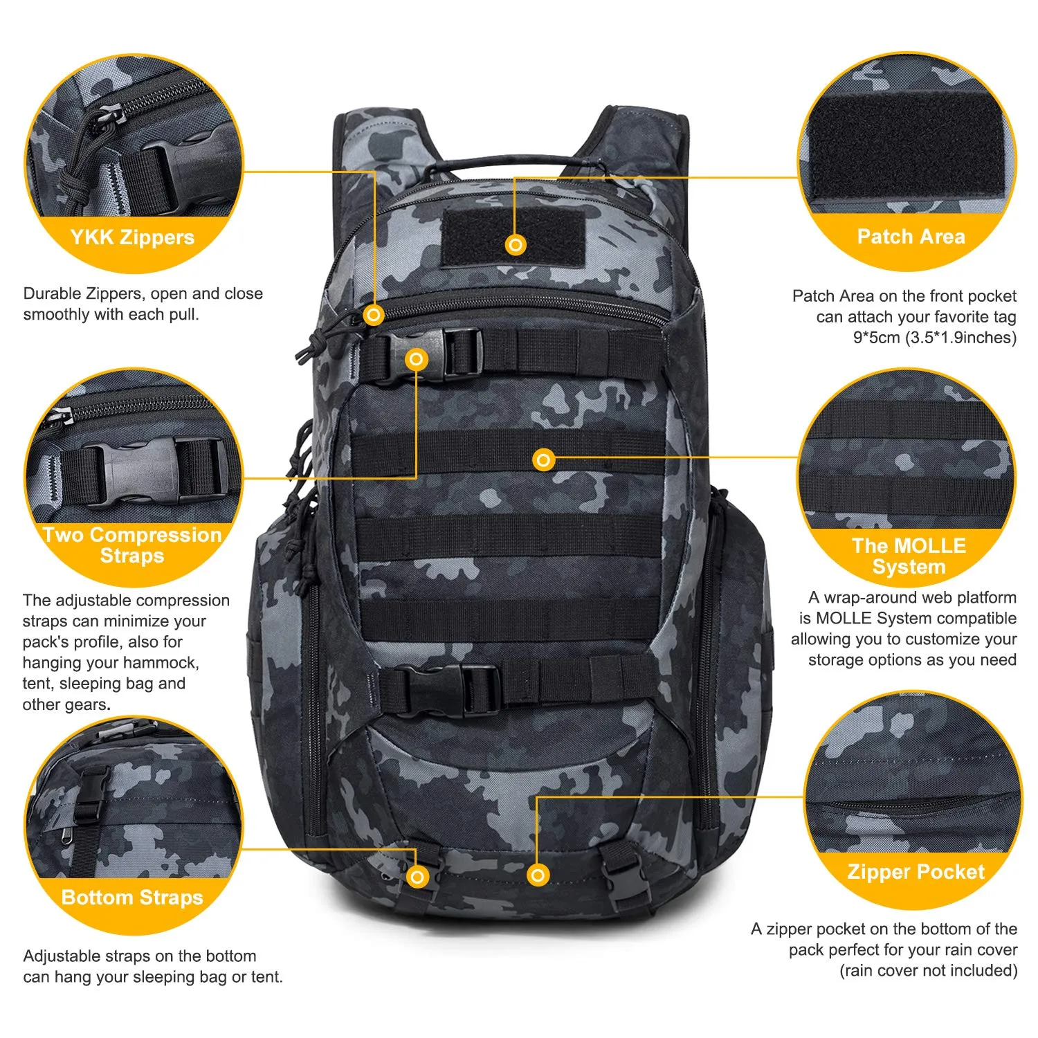 Mardingtop 35L Tactical Backpacks Molle Hiking daypacks for Camping Hiking Military Traveling Motorcycle (Black Multicam-35L)